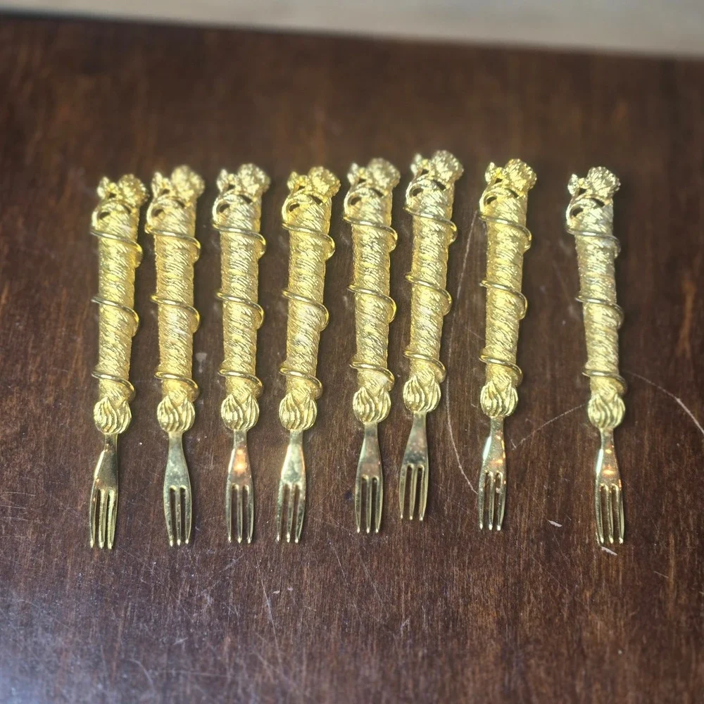 Hollywood Regency Appetizer Forks Gold Tone Rose Floral Set of 8 - Antique Style